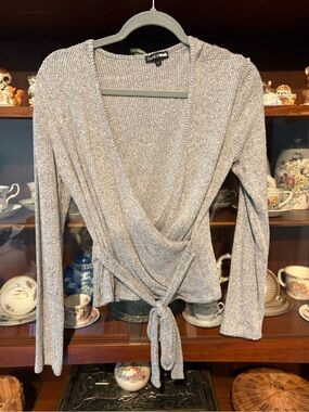Fashion Nova Silver-Gray V-Neck Tie-Waist Knit Sweater